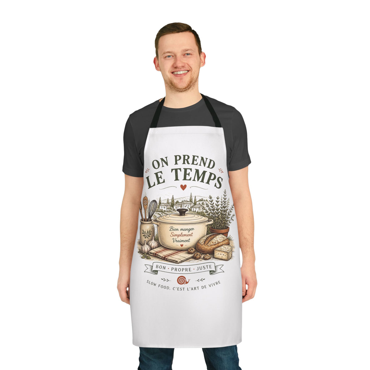 French Kitchen Apron "On Prend Le Temps" — Rustic Cooking Chef Apron