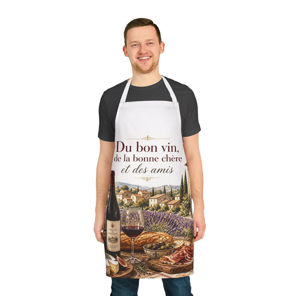 French Bistro Wine Apron — "Du bon vin, de la bonne chère et des amis" Kitchen Apron